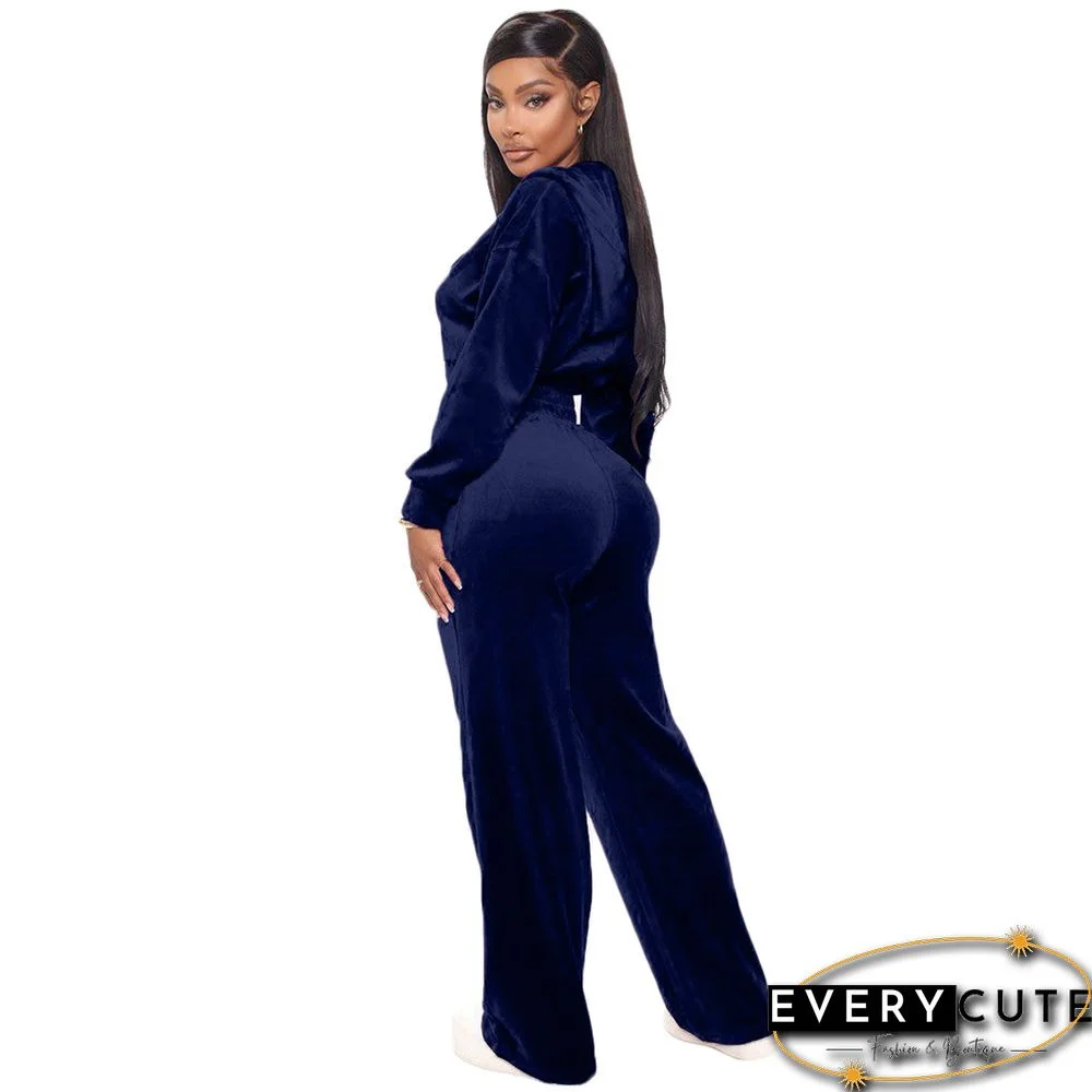 Navy Blue Korea Velvet Zipper Top with Pant Set