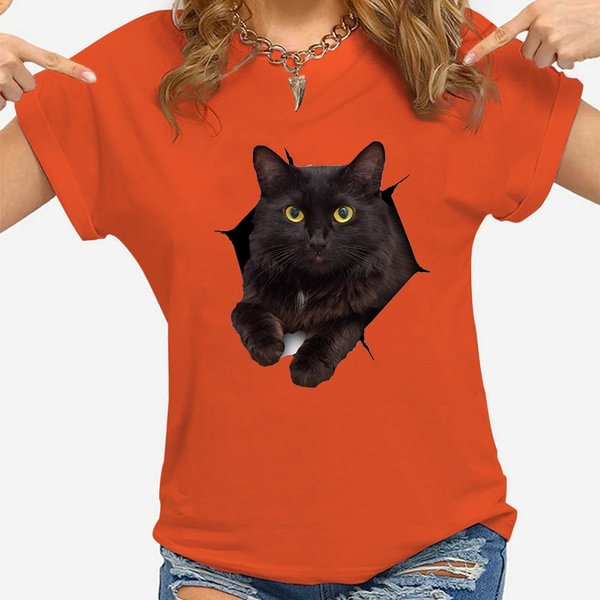 Summer Fashion Women Cat Printed Casual Ladies Loose Tops Short Sleeve Round Neck T-Shirt - BlackFridayBuys