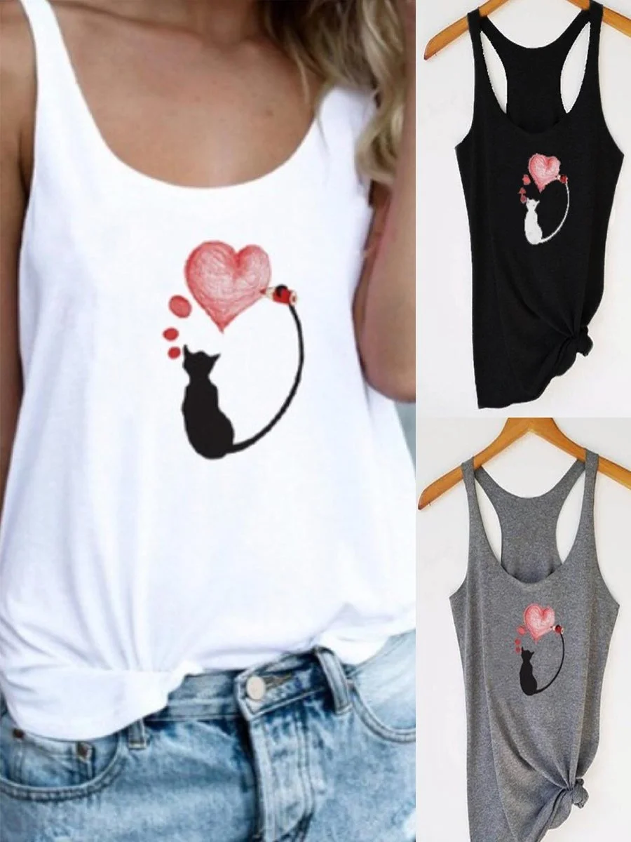 Cat Love Print Vest Sleeveless Sling T-Shirt