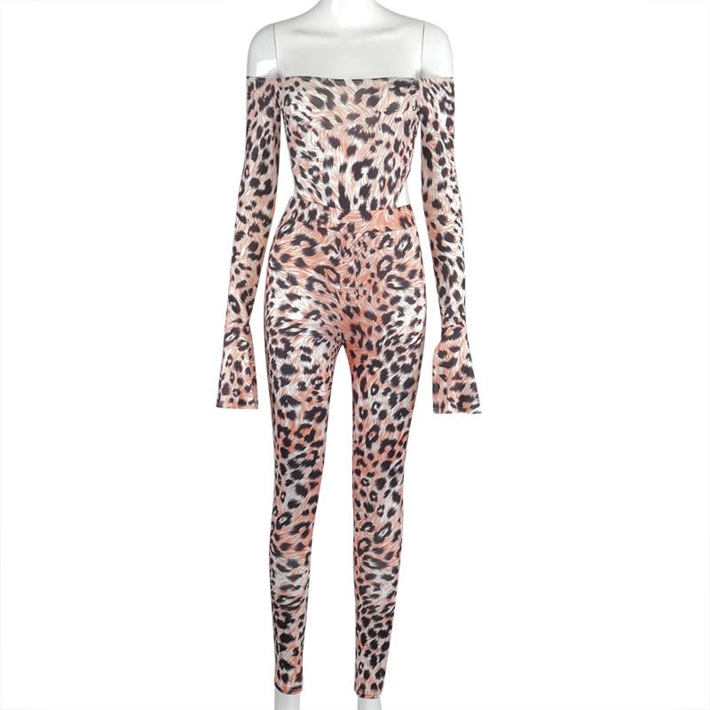 QuanRun Fashion Sexy Women Casual Set Leopard Print Long sleeve Shoulerless Top+Slim Long Pants Club Streetwear 2021