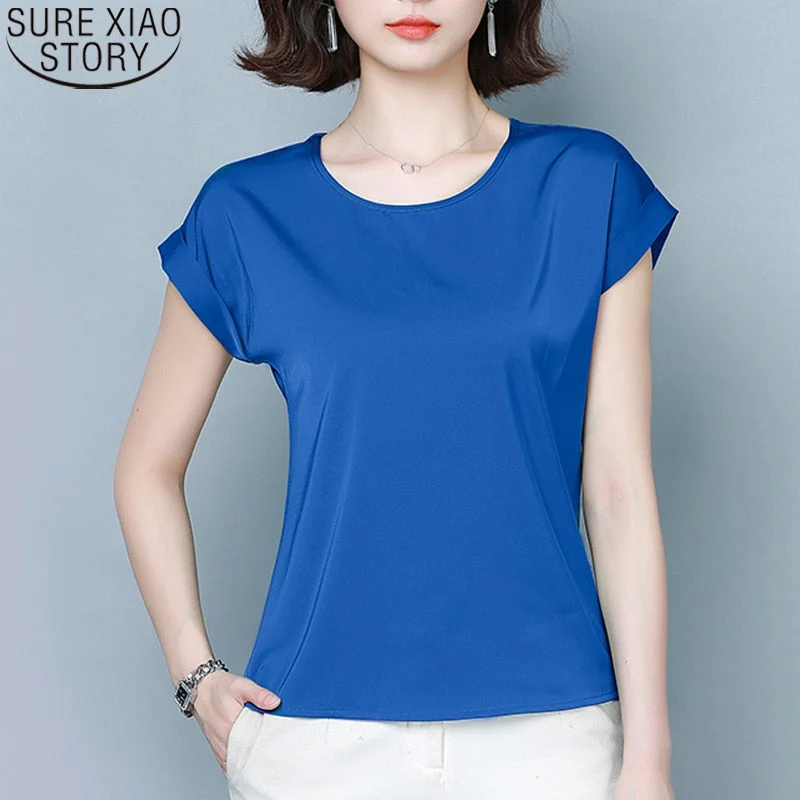 Summer Women Blouse 2022 New Simple Solid Silk Shirts Elegant Women Loose Round Collar Short Sleeve Womens Clothing 9227 50
