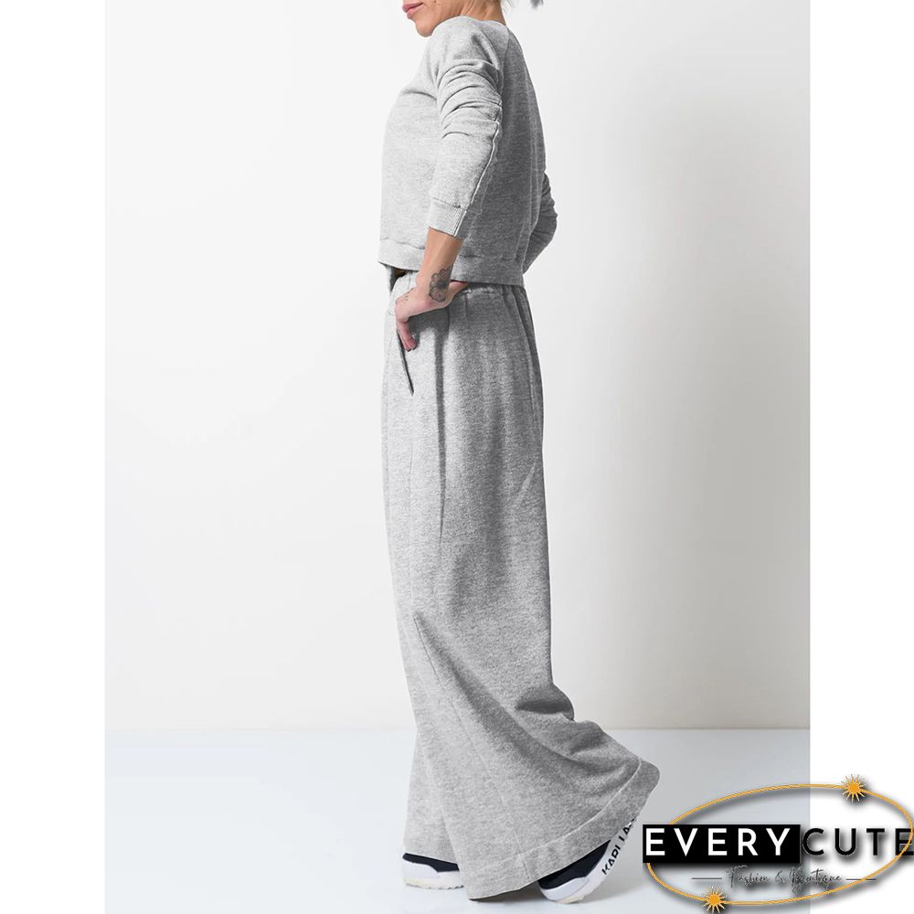 Light Gray Irregular Sweatshirt with Wide Leg Casual Pant Set