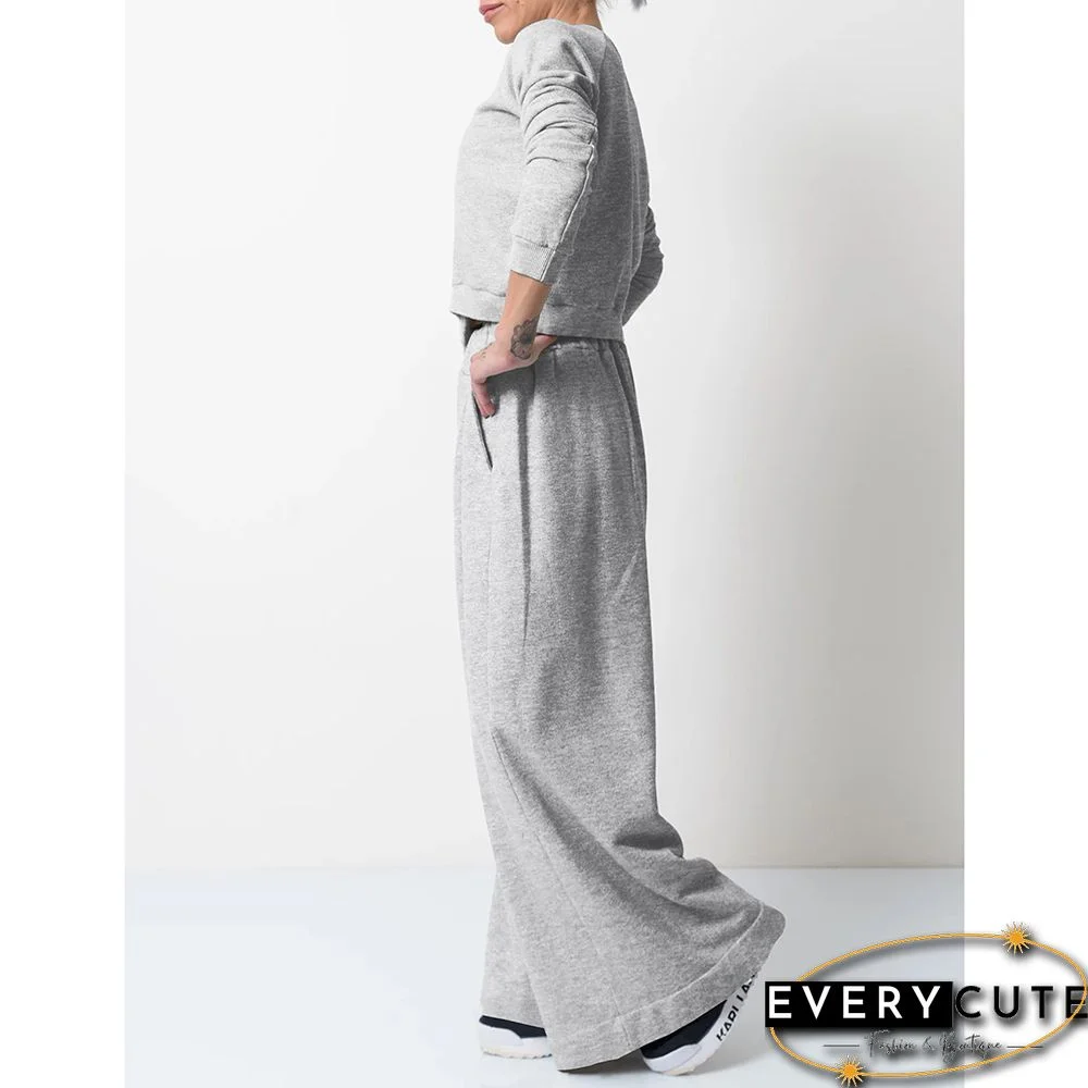 Light Gray Irregular Sweatshirt with Wide Leg Casual Pant Set