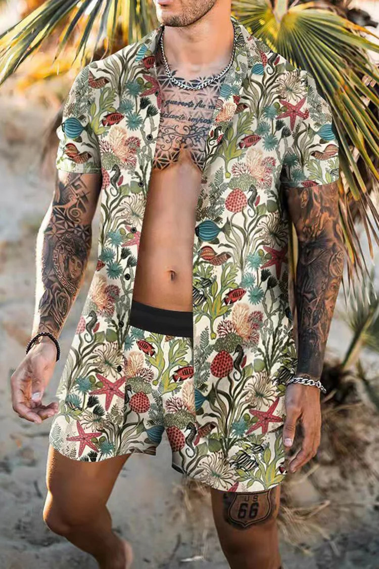 Tiboyz Outfits Beige Printed Shirt And Shorts Two Piece Set