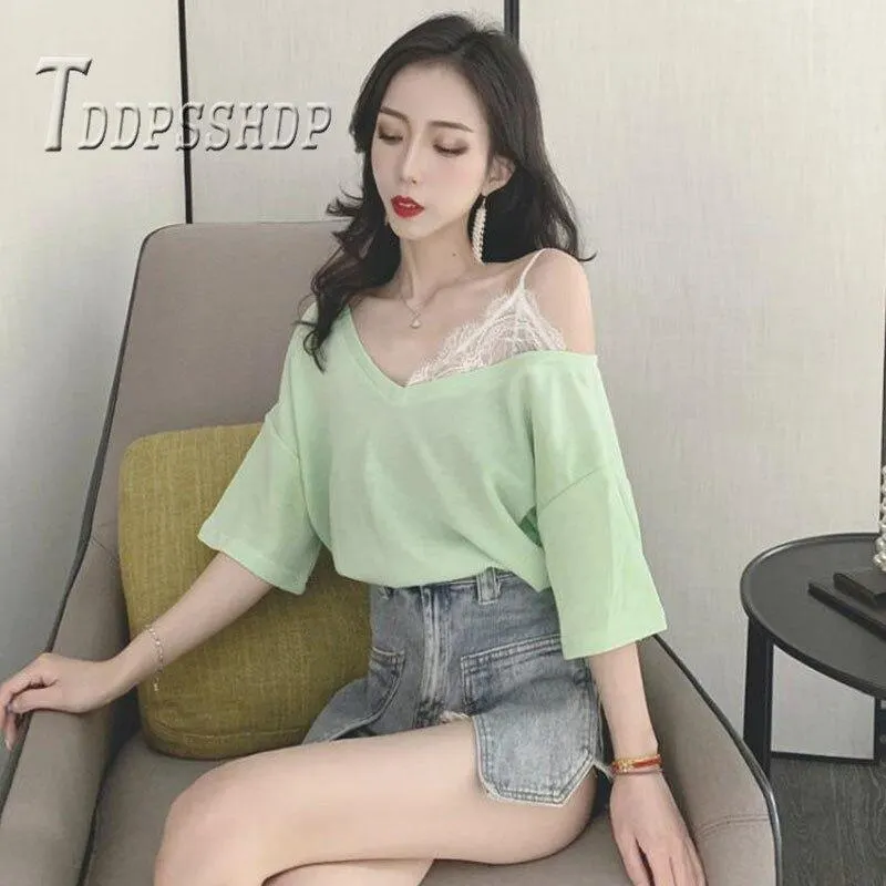 95% Cotton Lace Fake 2 Piece Women T Shirt 2019 Summer Black White Blue Short Sleeve Female Tee Shirts