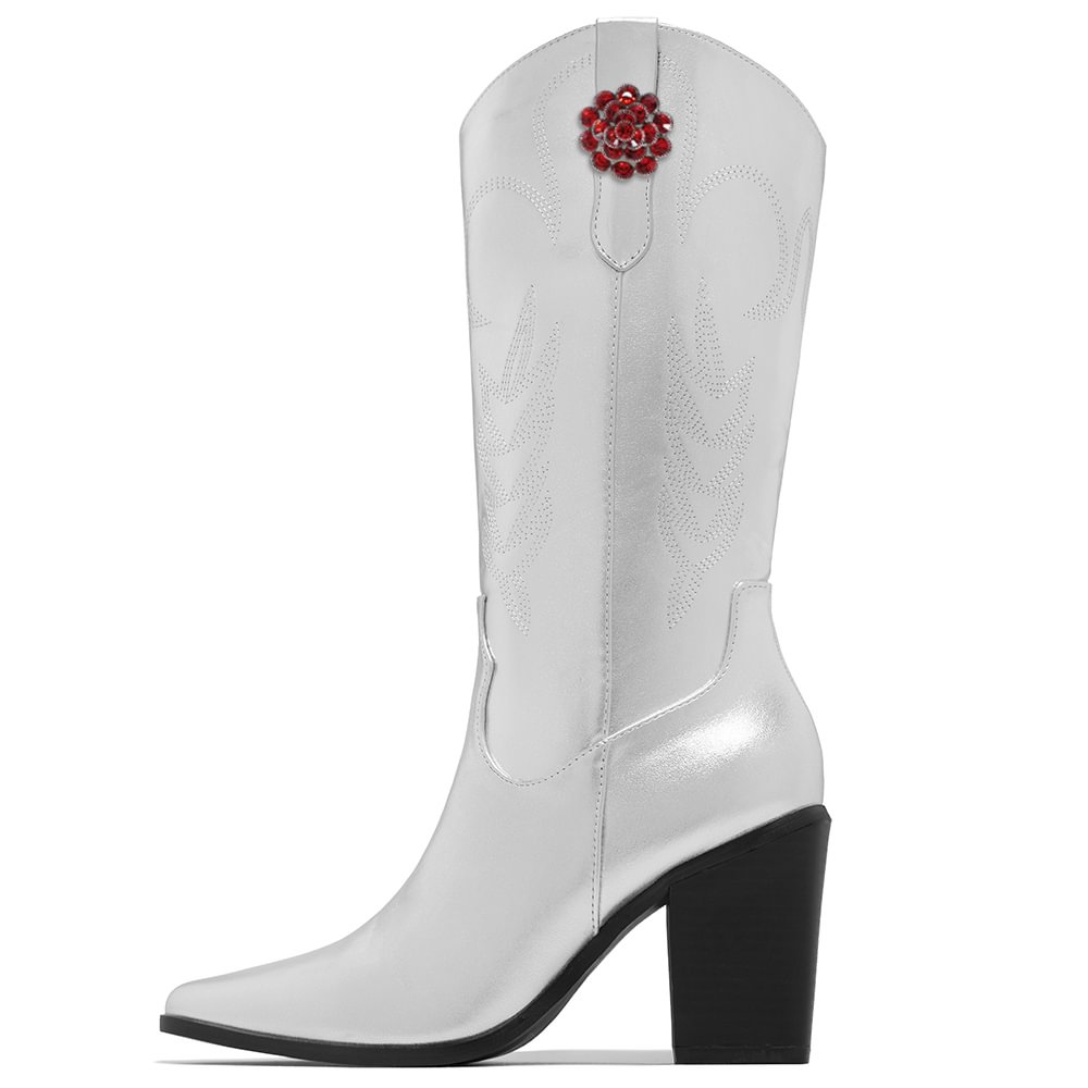 Silver Patent Leather Knee Boots Rhinestone Flower Chunky Heel Boots Nicepairs
