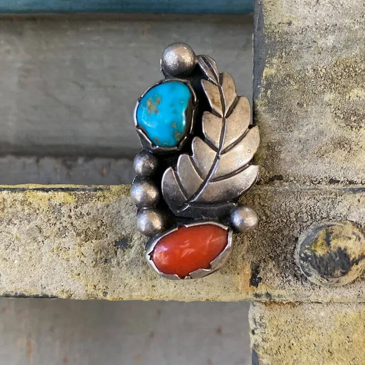 Navajo Feather Ring in Sterling Silver with Turquoise and Coral Size 6.5