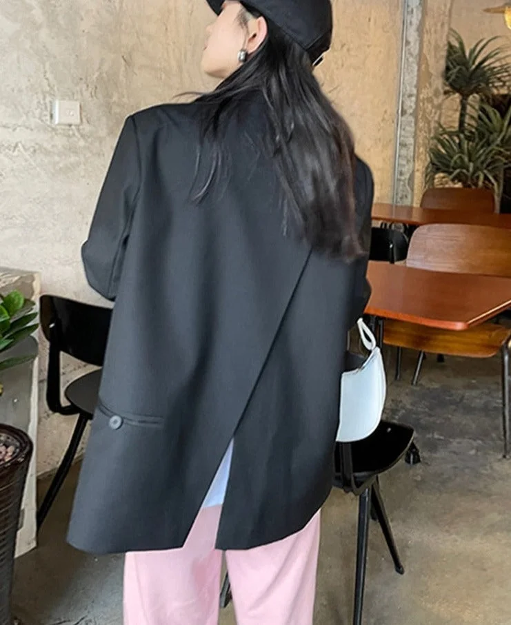 UForever21 Women Black Back Slit Big Size Blazer New Lapel Long Sleeve Loose Fit Jacket Fashion Tide Spring Autumn 2023 1DE1412