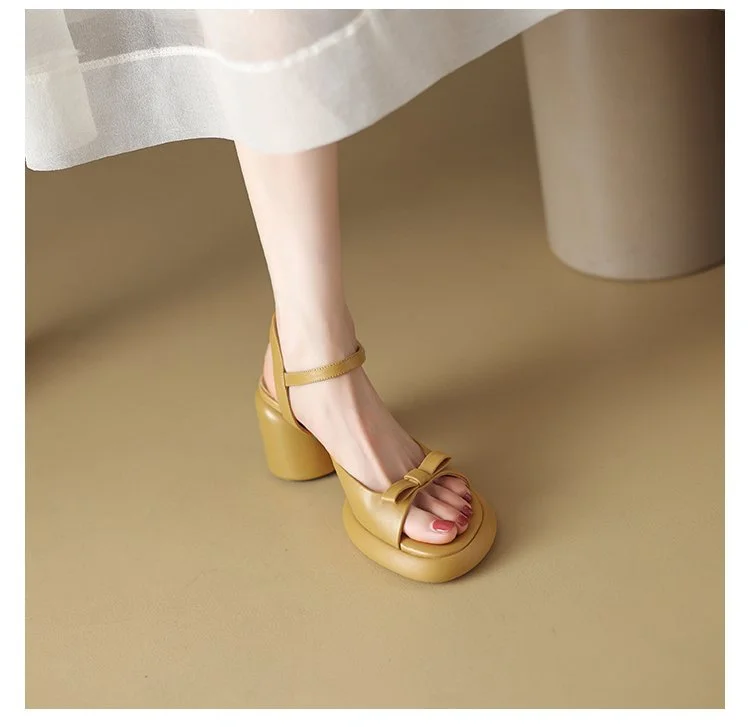 Churchf Churchf Summer New Vintage Sandals One Line Buckle Beach Sandals Round Head Bow High Heel Sandals Women