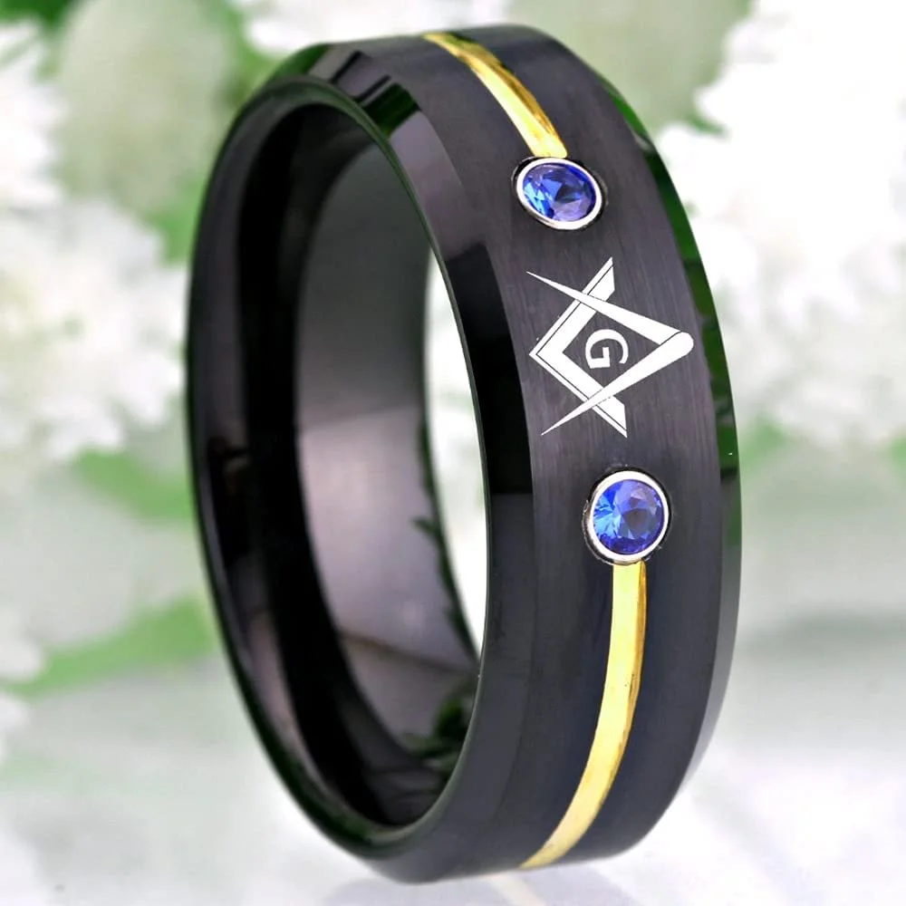 6MM 8MM 10MM Masonic Compass Tungsten Carbide With Gold Red Groove And Blue Cubic Zirconia Inlay Men's Wedding Bands