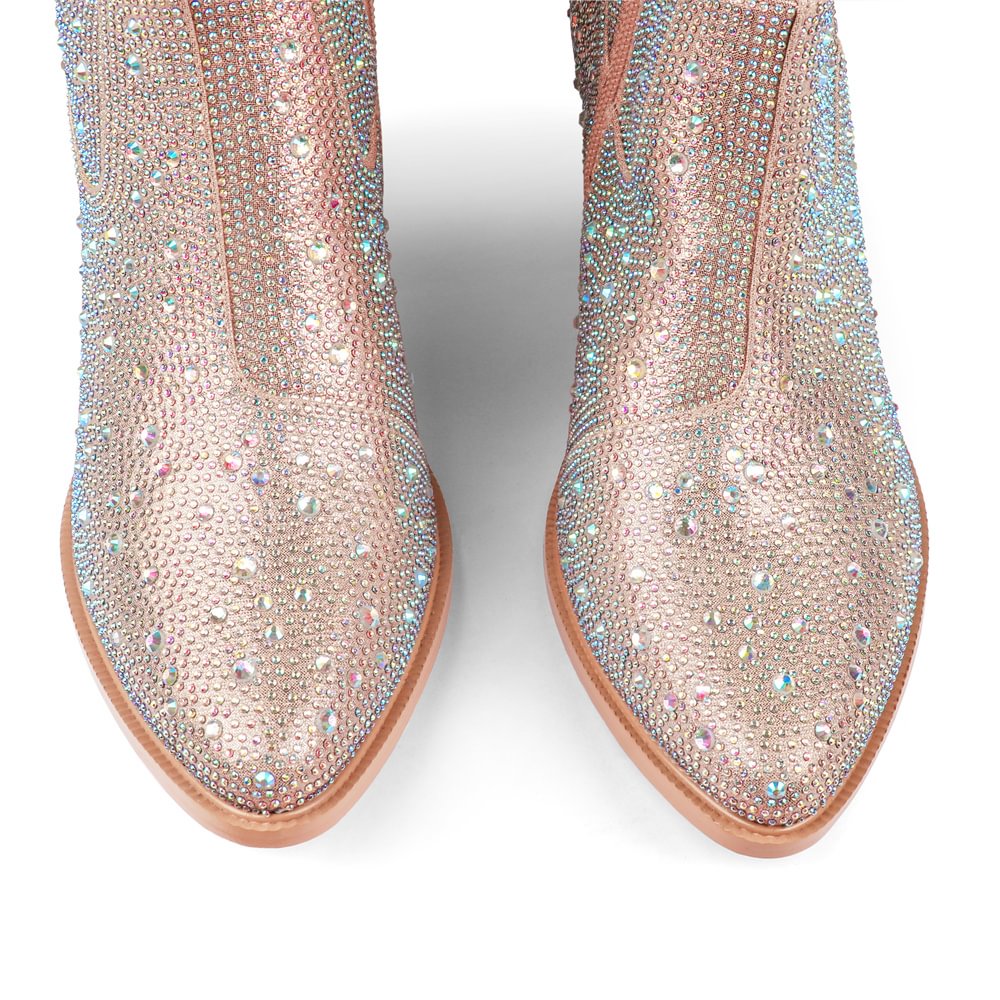 60mm Women's  Boots Ankle High Medium Heel Chunky Heel Diamond Studded Fashion Pull On Boot-MERUMOTE