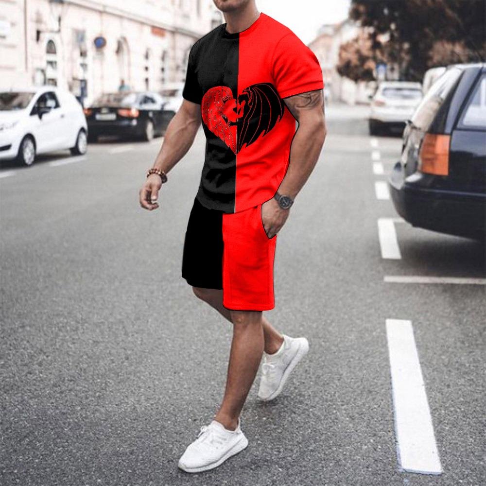 Men's Red-black Printed Shorts Suit