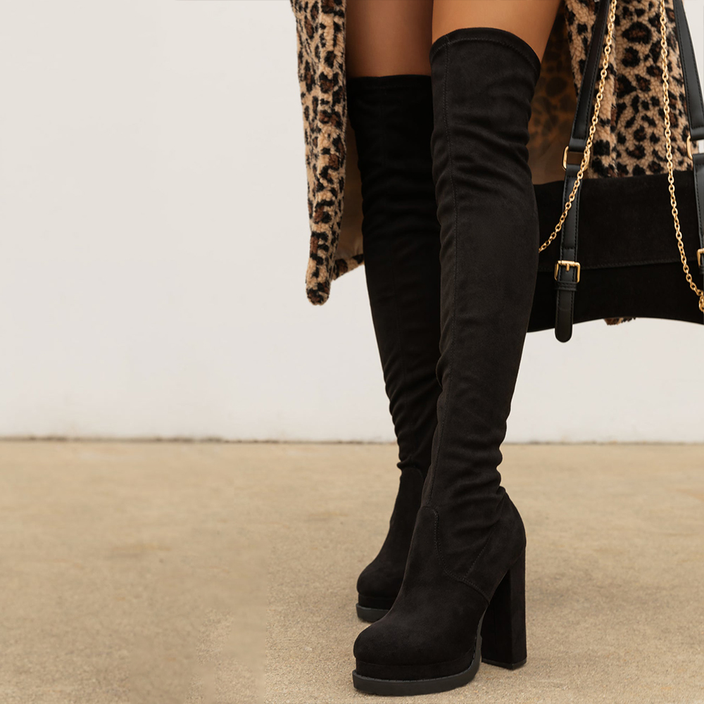 Fashion Black Round Toe Chunky Heel Thigh High Boots with Platform Nicepairs