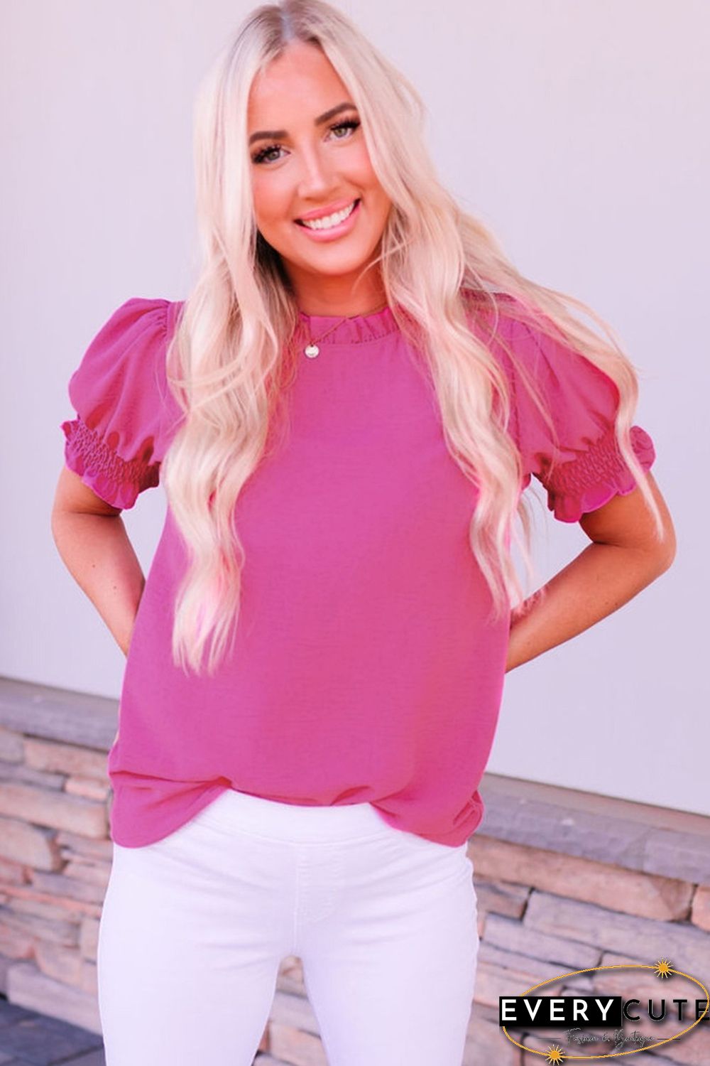Rose Solid Color Smocked Puff Sleeve Blouse