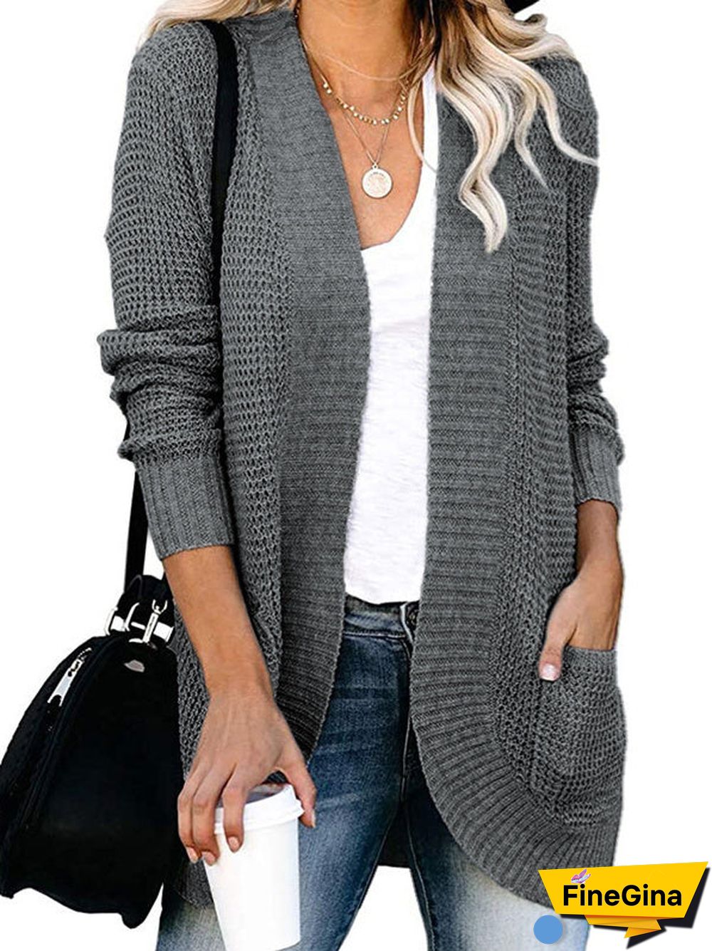 Women's Waffle Solid Color Stitching V-neck Long Sleeve Coat