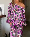 Polka Dot Print One Shoulder Long Sleeve Top & Pants Two Piece Set