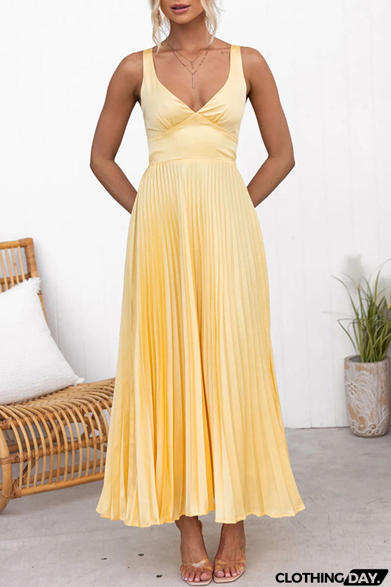 Sexy Solid Color Pleated V Neck Sleeveless Dresses