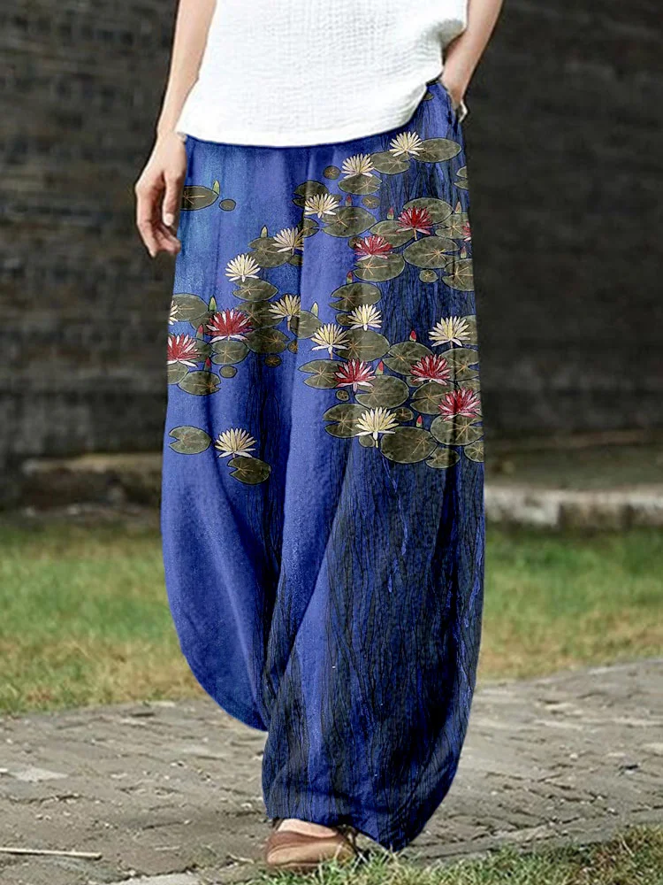 Vintage Water Lily Japanese Art Linen Blend Cozy Pants