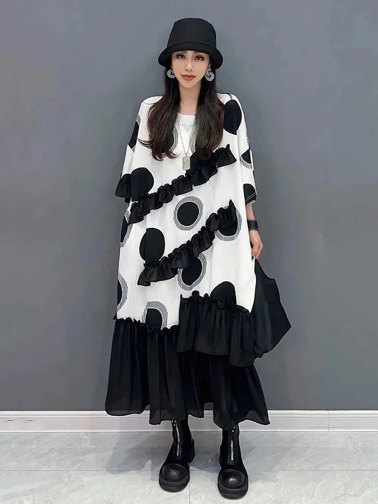 Nncharge Chiffon Flounced Edge Dress Fashion Contrast Color Big Dot Casual Loose Dress 2024 Summer New Simplicity Women LYD1731