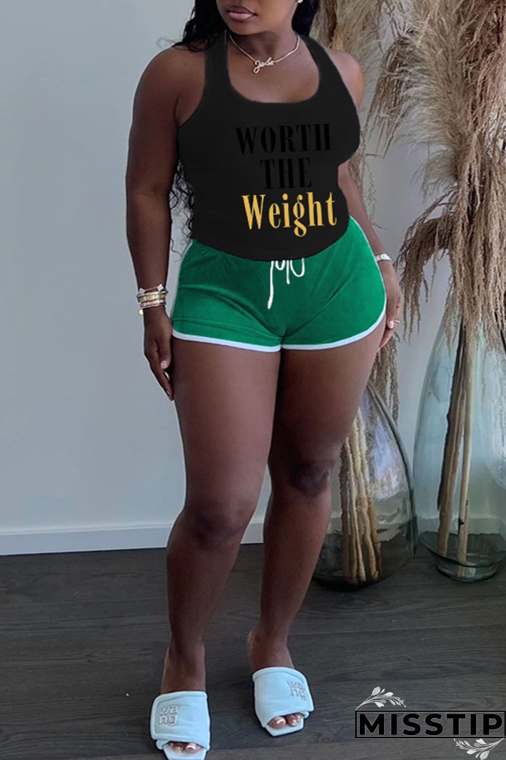 Grey Plus Size Casual Letter Print Patchwork U Neck Plus Size Two Pieces