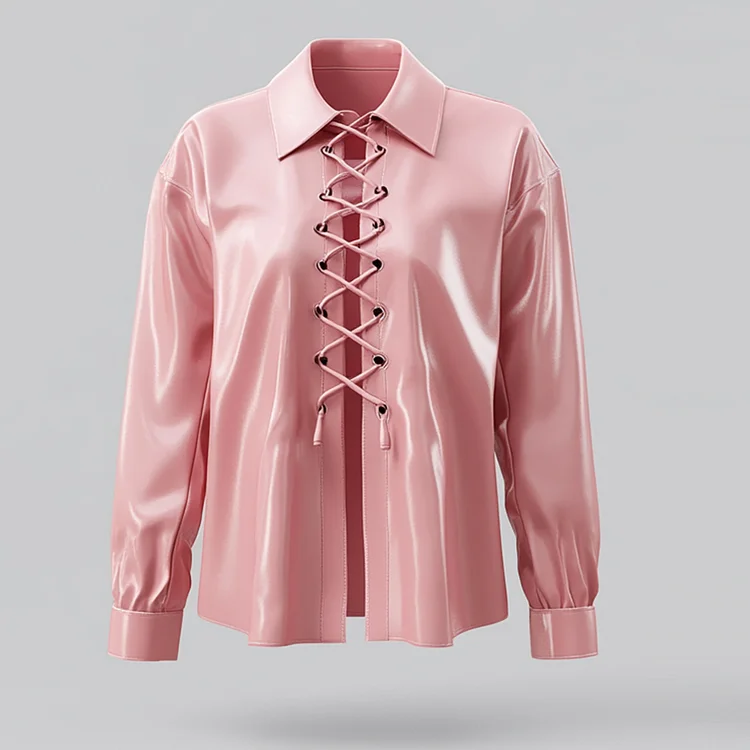 Ursime Turndown Collar Long Sleeve PU Leather Lace Up Blouse