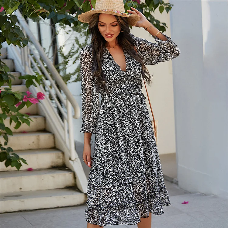 Sexy V-neck Floral Butterfly Sleeves High Waist Casual Print Midi Dress