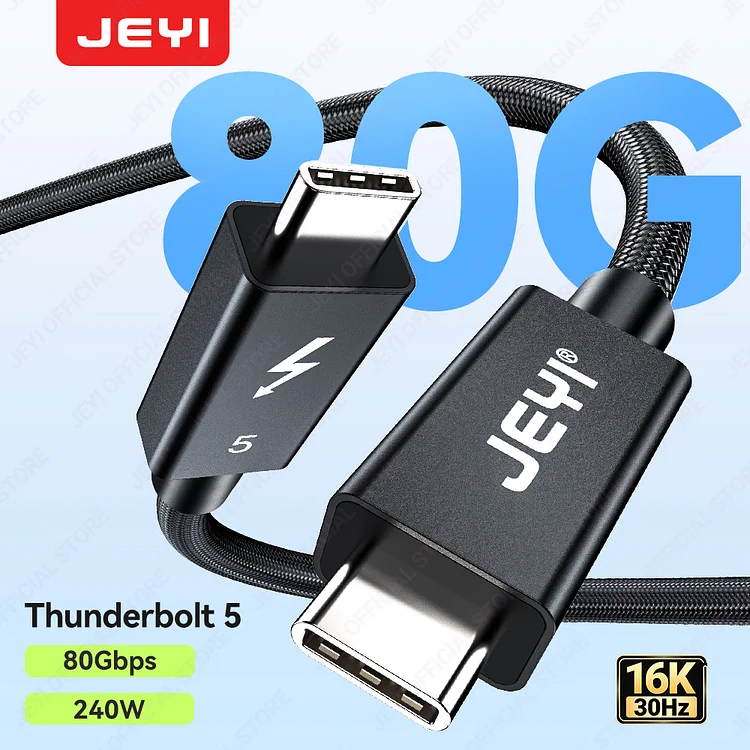 JEYI 80Gbps Compatible with Thunderbolt 5 Nylon Braided Cable, 120Gbps Bandwidth for 16K Dual 8K, PD 240W Fast Charging