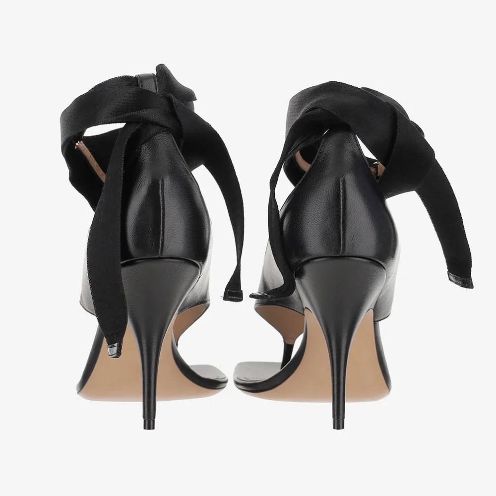 Black Open Toe Flip Flop Lace Up Stiletto High Heeled Sandals