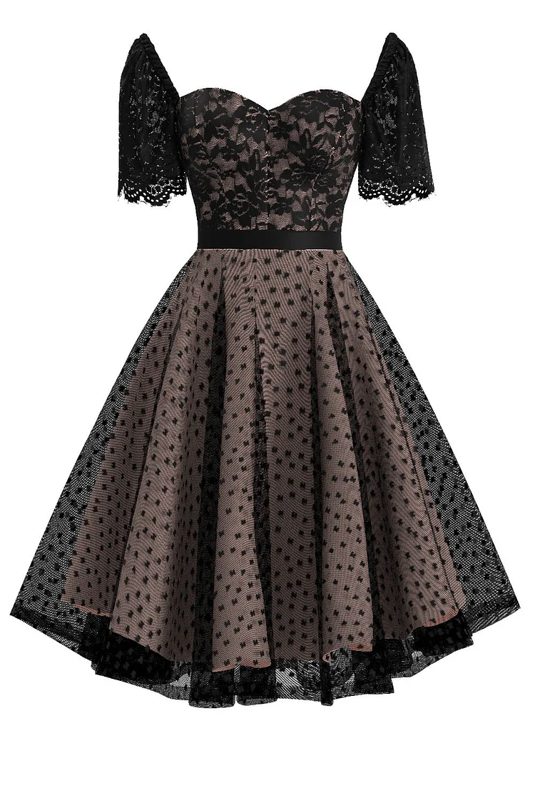 1950s Hot Pink Wedding Party Lace Mesh Square Neck Fitted Bodice A-line Swing Midi Dress
