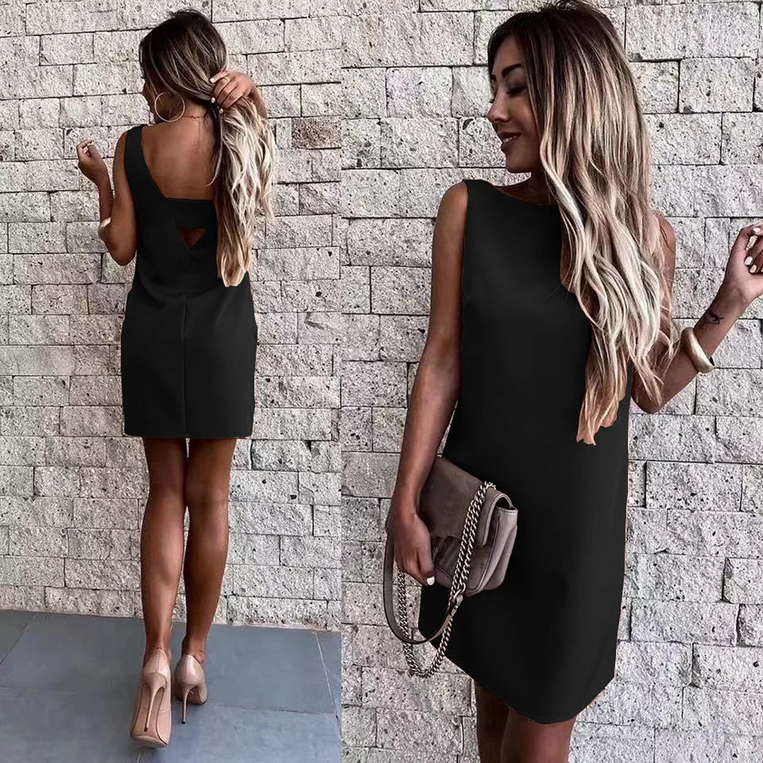 Fashion Solid Summer Dress Sexy O-Neck Backless Casual Office Work Dress Sleeveless Short Bodycon Evening Party Dress Women