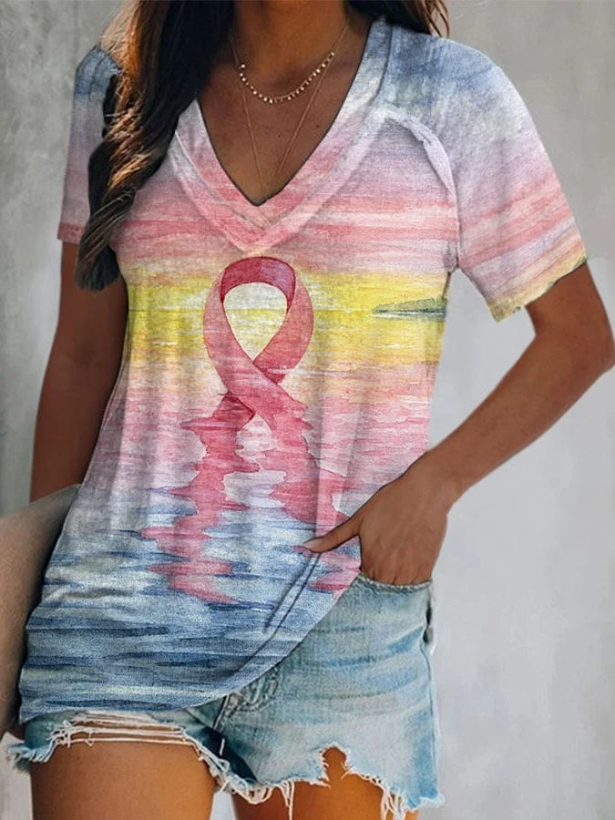 Women's Pink Ribbon Breast Cancer Art Print Short Sleeve T-Shirt socialshop