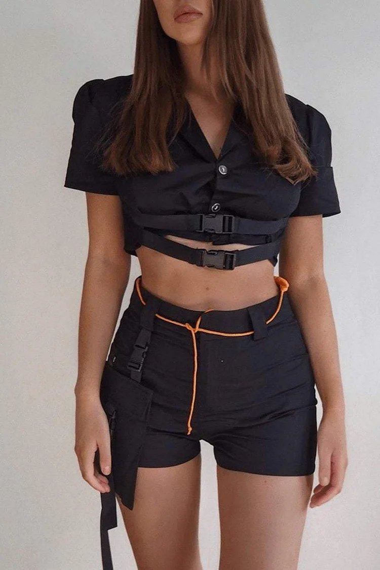 Black Buckle Front Cropped Shirt Katch Me