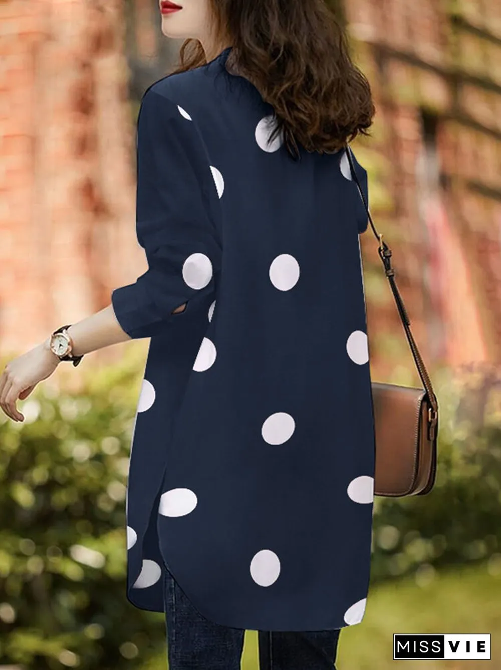 Polka Dot Button Split Long Sleeve Stand Collar Casual Shirt