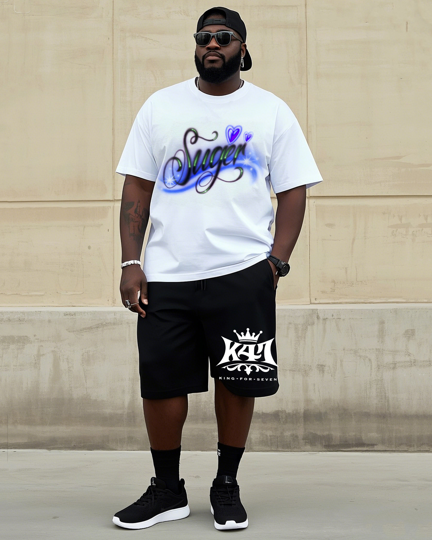 Big Man Street Fashion Handmade Unique Love Art Personality Graffiti Short Sleeve T-Shirt Shorts Suit