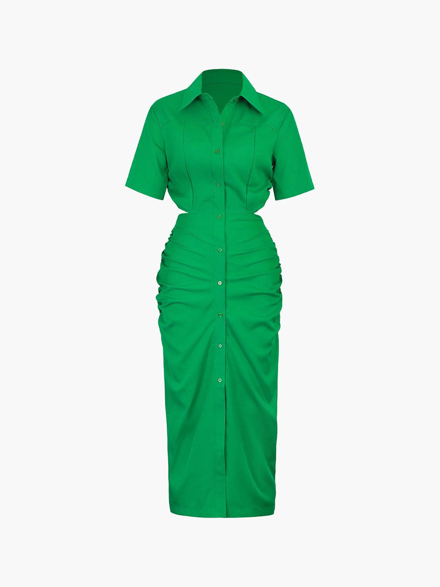 Turndown Collar Short Sleeve Hollow Out Midi Dress