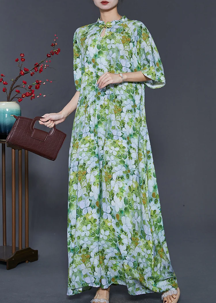 Chinese Style Green Print Cotton Cheongsam Dresses Summer
