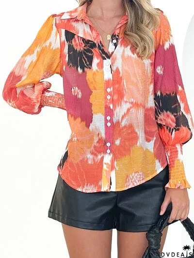 Printed Lantern Sleeve Button Up Shirt