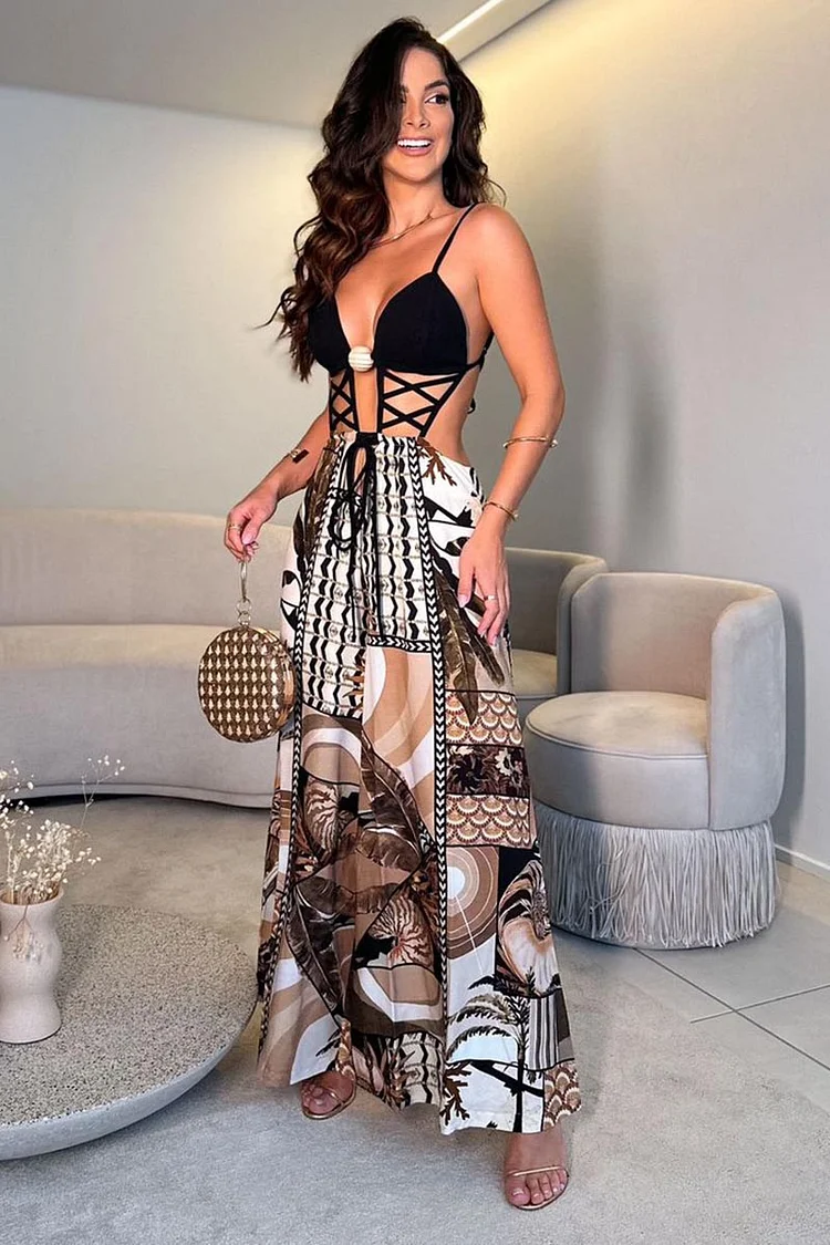 Cut Out Lace Up Backless Tribal Print Vacation Cami Wide Leg Jumpsuit [Pre Order]