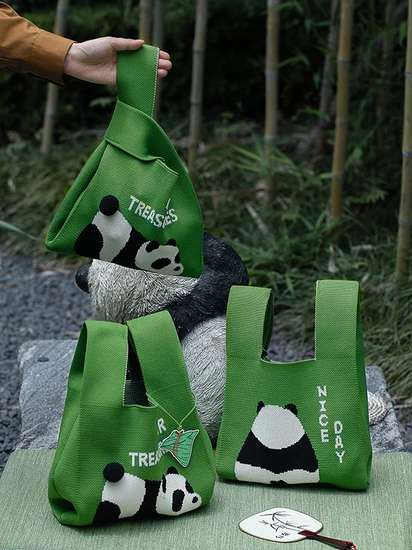 Panda-Patterned Woven Handbag Bags