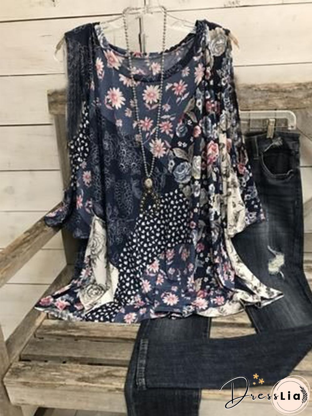 Vintage Flower Color-block Plus Size Long Sleeve Crew Neck Casual Tops