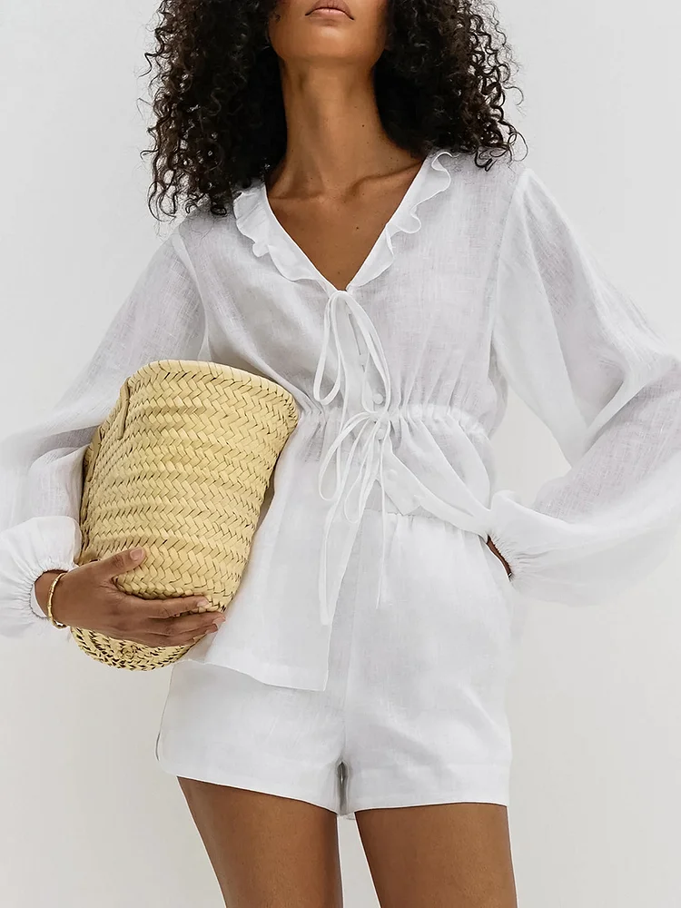 Women's 2024 Casual White Daily Set V-Neck Long Sleeve Top And Short Pant 100% Cotton