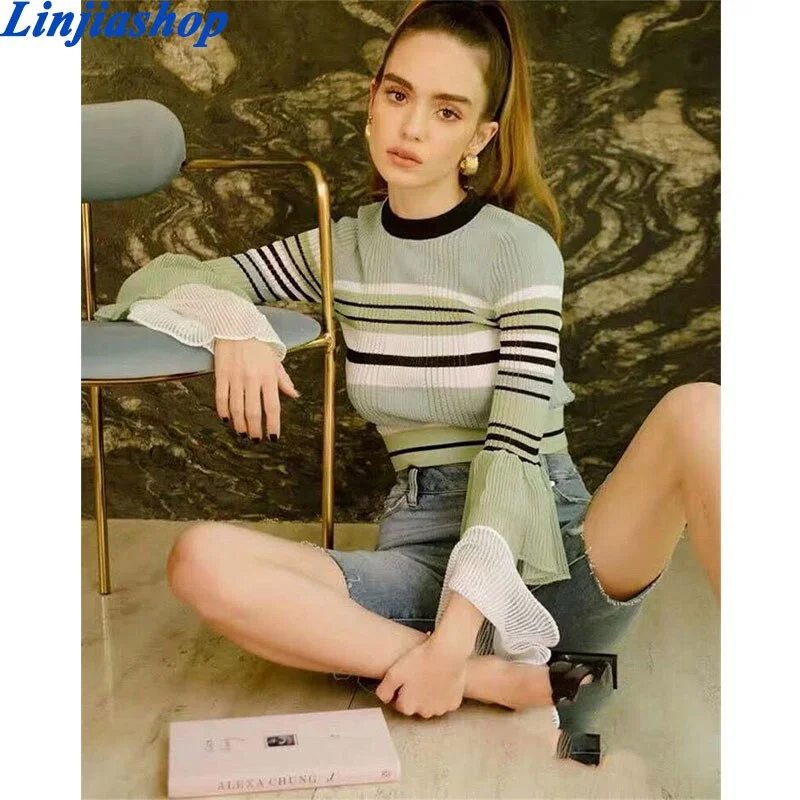 Super chic new design vintage striped cropped sweater women o neck layered flare sleeve pullover sweater autumn knit jumper tops