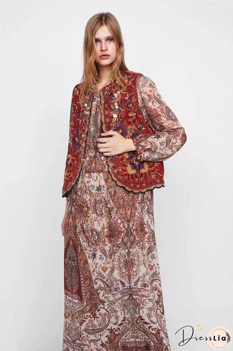 Boho Autumn Orang Floral Embroidery Sleeveless Outerwear Jacket