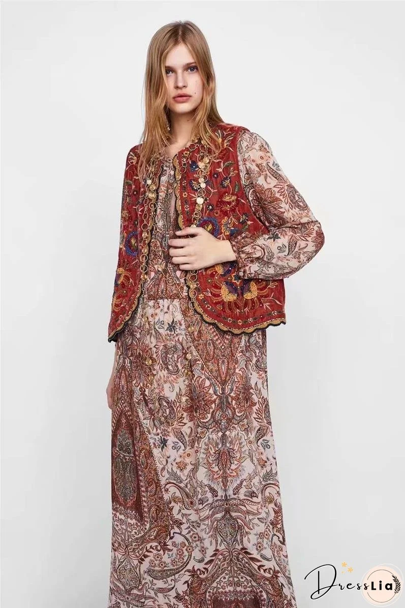 Boho Autumn Orang Floral Embroidery Sleeveless Outerwear Jacket