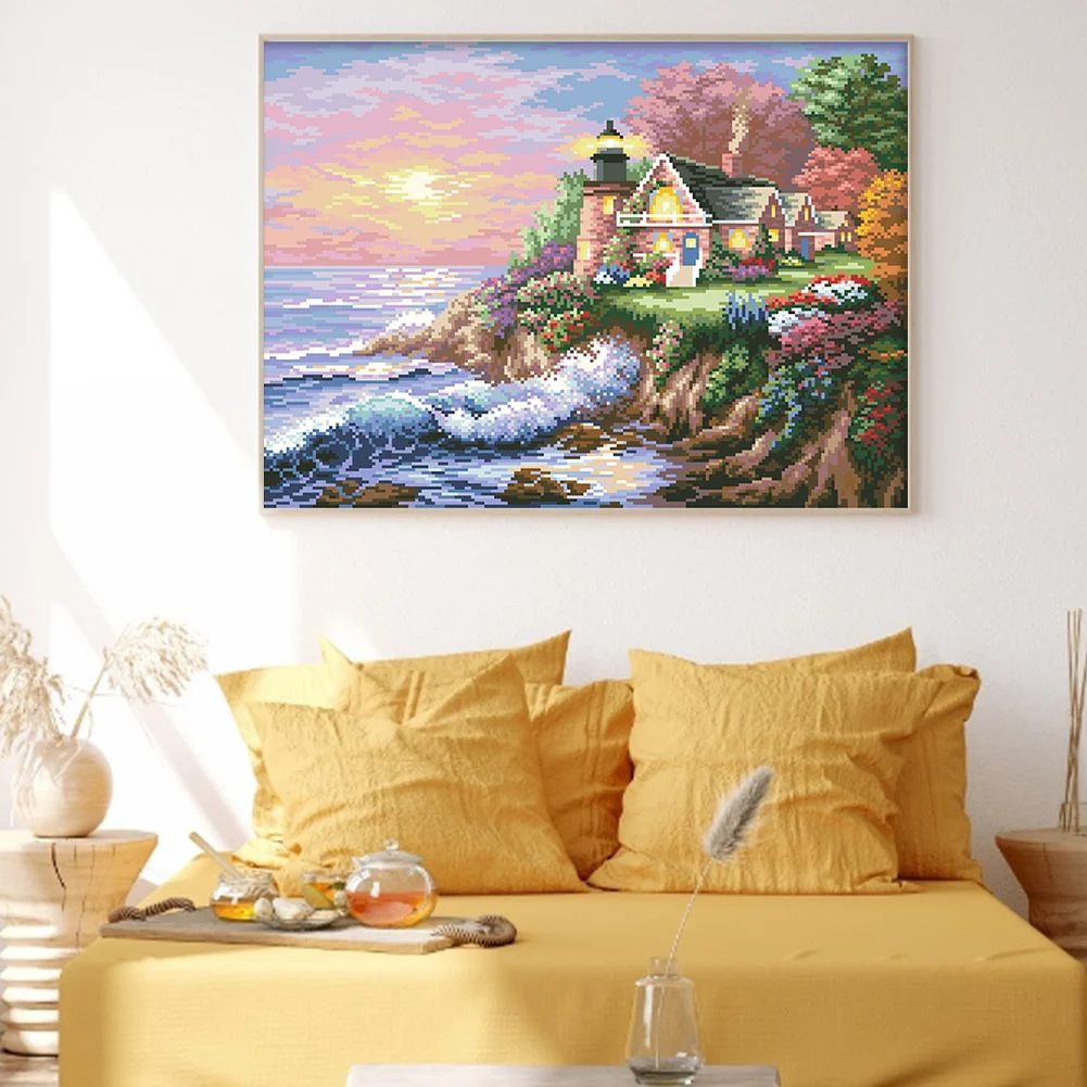 9CT Full Cross Stitch Bead Embroidery - Seaside Garden Lake(Canvas|55*43CM)