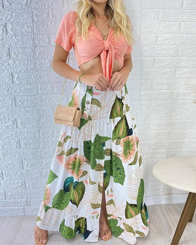 V-neck T-shirt Printed Slit Skirt Set