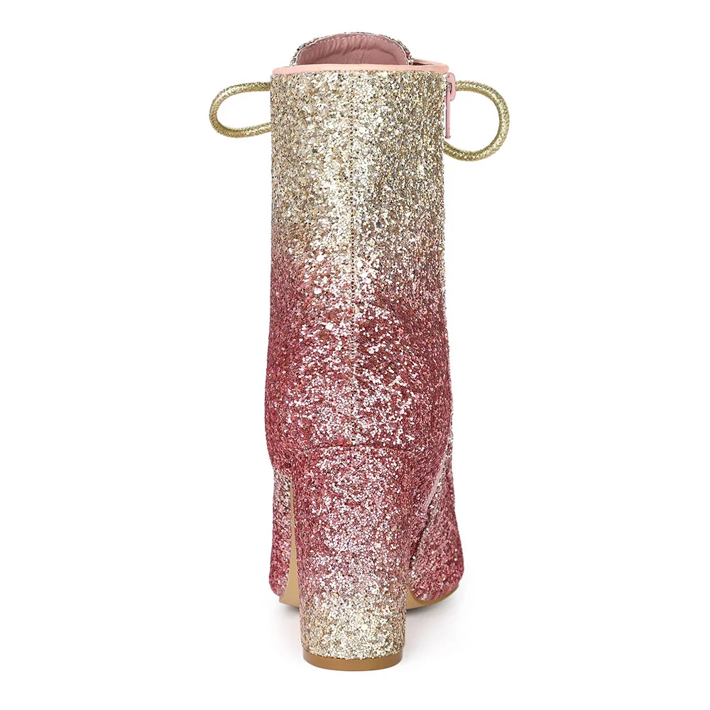 Pink & Gold Pointed Toe Chunky Heel Side Zip Lace Up Booties for Women