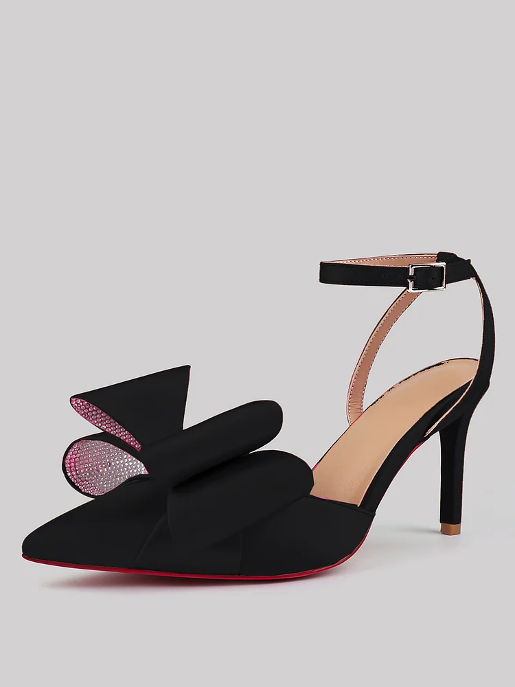 80mm Women's Red Bottom Pointed Toe Slingback Sandals Diamond Bows Buckle Patent Stiletto Satin Heels