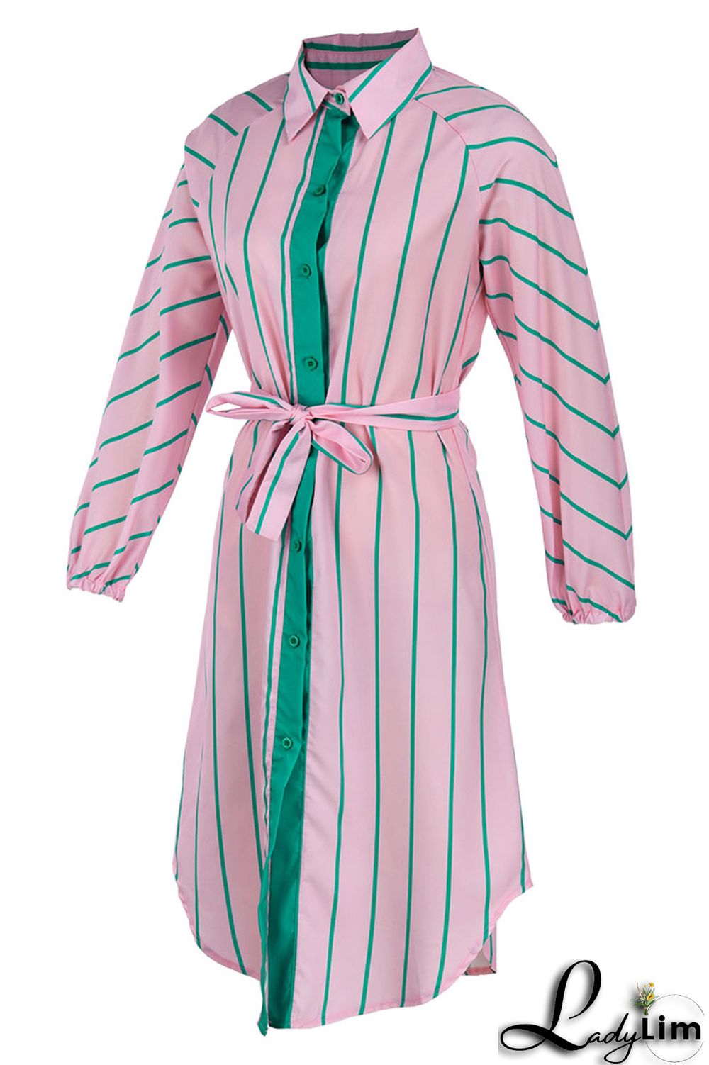 Pink Fashion Striped Print With Belt Turndown Collar Shirt Dress