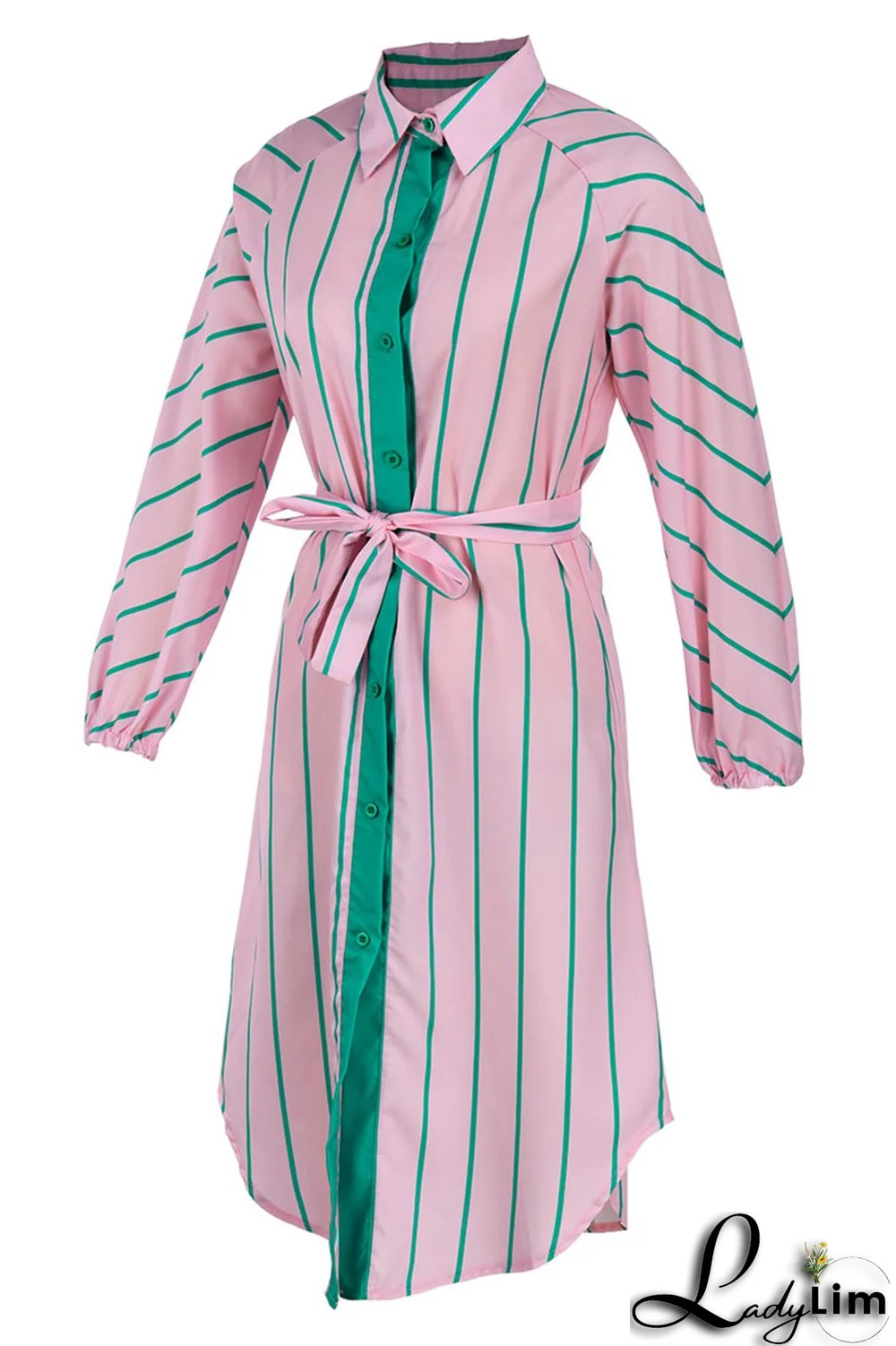 Pink Fashion Striped Print With Belt Turndown Collar Shirt Dress